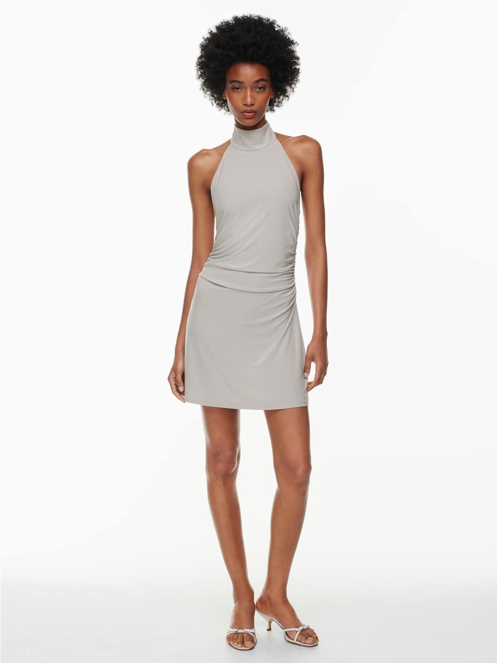 Aritzia High-Neck Ruched Mini Dress in Light Gray